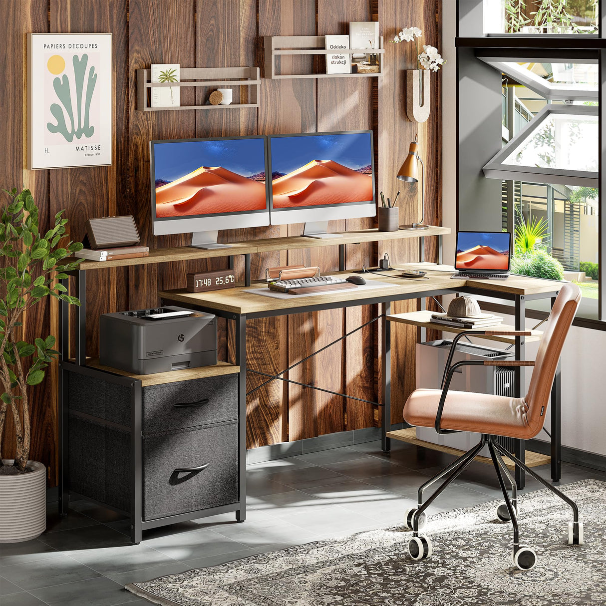 Computer Desk L Shaped with Drawers, 65” Gaming Desk with Power Outlets and LED Strips