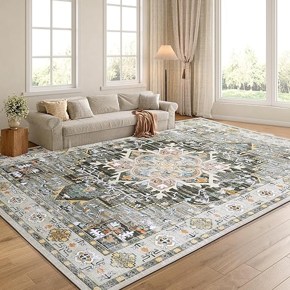 10x14 Vintage Area Rug - Large Boho Carpet with Non-Slip Backing
