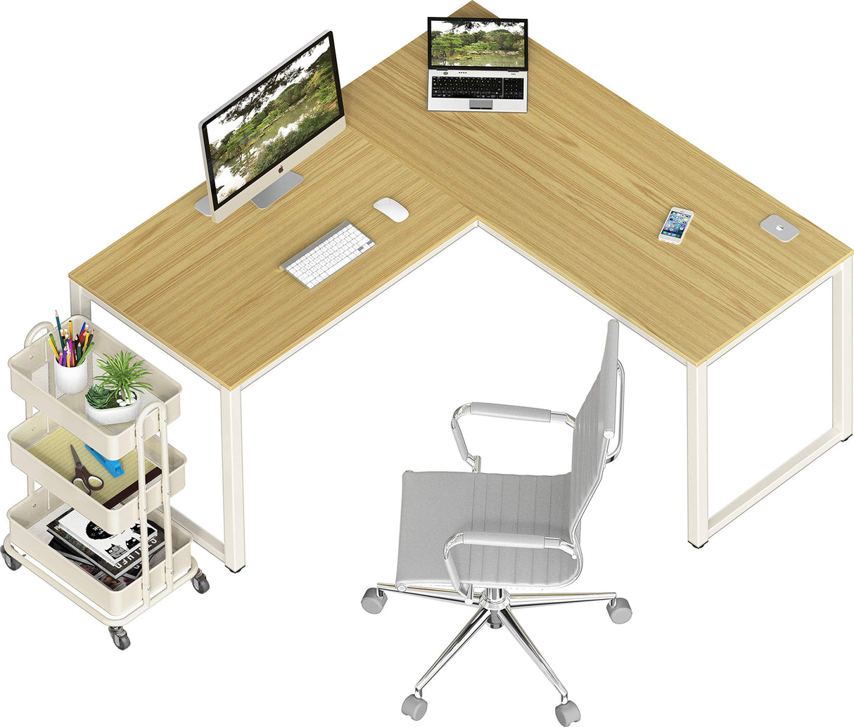 Home Office 55"x60" Large L Shaped Corner Desk, Oak