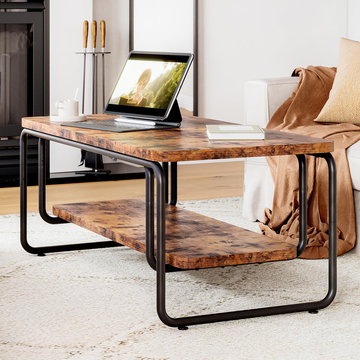 47" Coffee Table, Rectangle Coffee Table with 2-Tier Storage and Rounded Corner