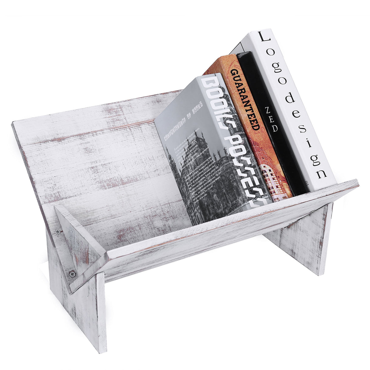 Shabby Whitewashed Solid Wood Desk Top Tilted Small Bookshelf, Decorative Wooden Tabletop Book Stand