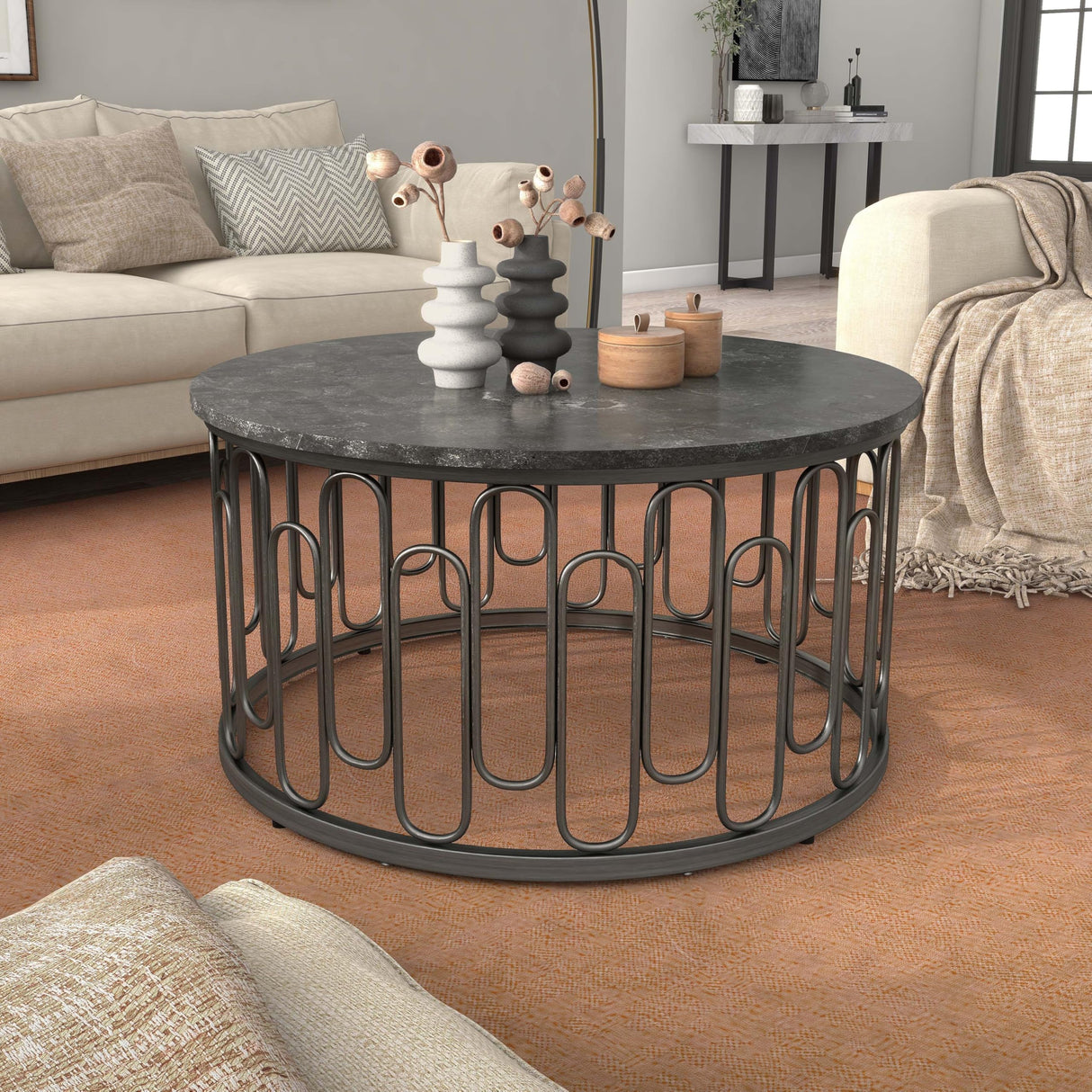 Davis Modern Round Coffee Table with Marble Top & Sturdy Metal Legs & Open Shelf for Living Room