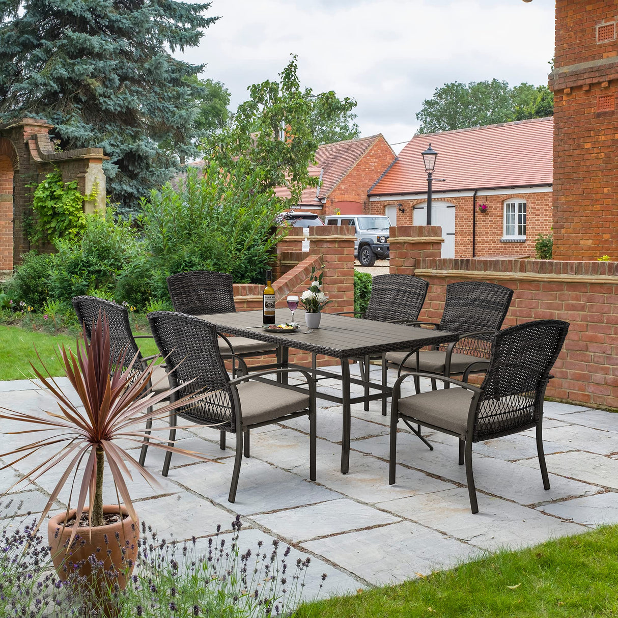 Patio Dining Set for 6, 7 PCS Patio Table & Chair Set, Metal Slatted Table