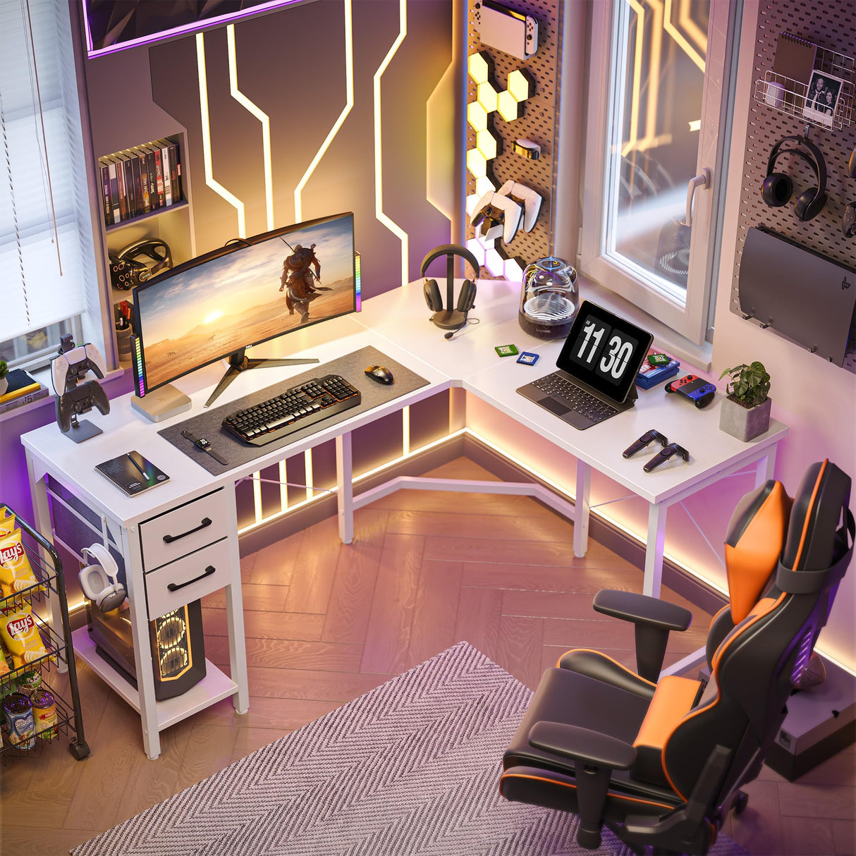 L Shaped Computer Workstation with Storage Drawers and Bookshelves