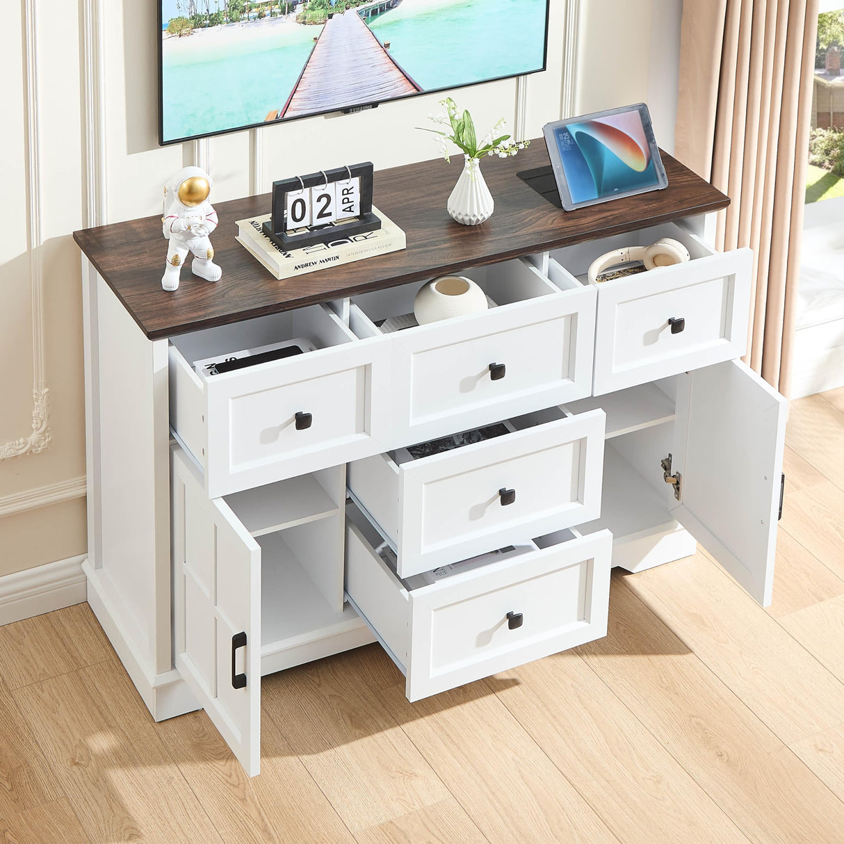 Farmhouse 5+2 White Dresser for Bedroom, Chest of Drawers for Bedroom
