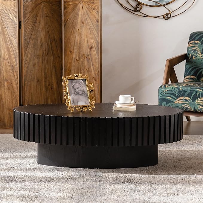 Round Wood Coffee Table, Handcraft Drum Tea Table Center Table for Living Room, Modern Circle Wooden Cocktail Table for Small Space, Easy Assembly