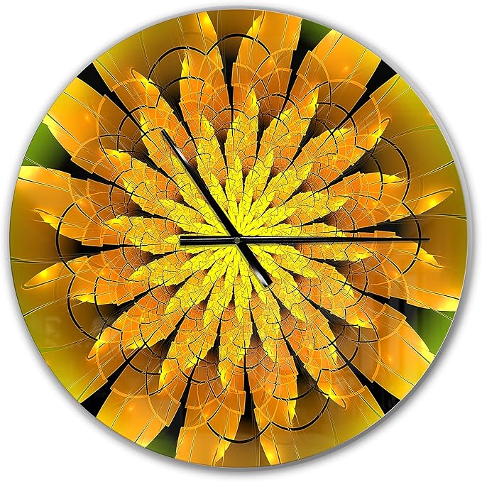 Modern Wall Clock 'Bright Yellow Fractal Flower on Green ' Green Round Wall