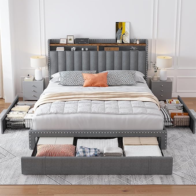 Queen Bed Frame with 3 Drawers,Upholstered Queen Size Bed Frame