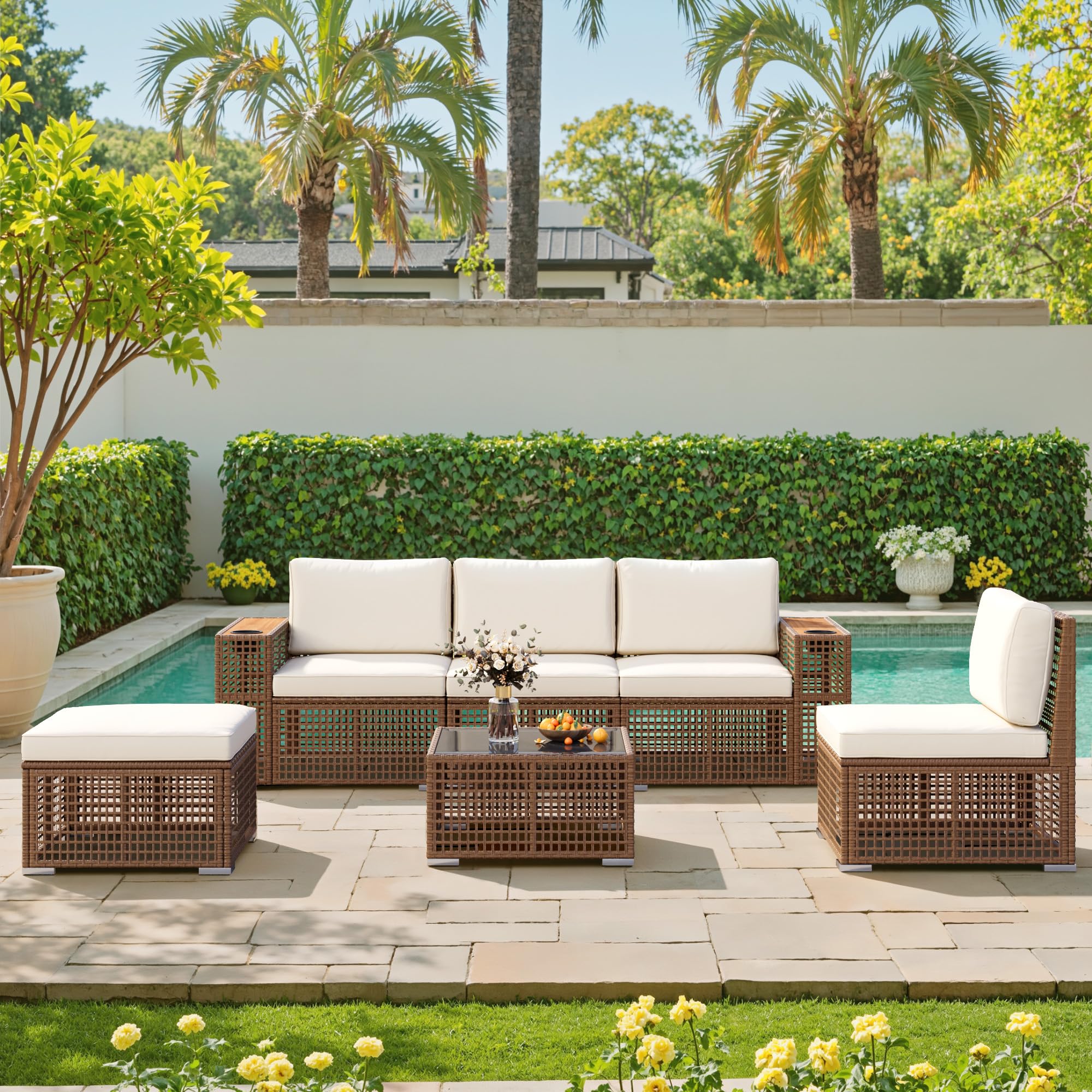 Patio Furniture Set 6-Piece Outdoor Sectional Sofa Hollow Rattan Patio Seating Sofa