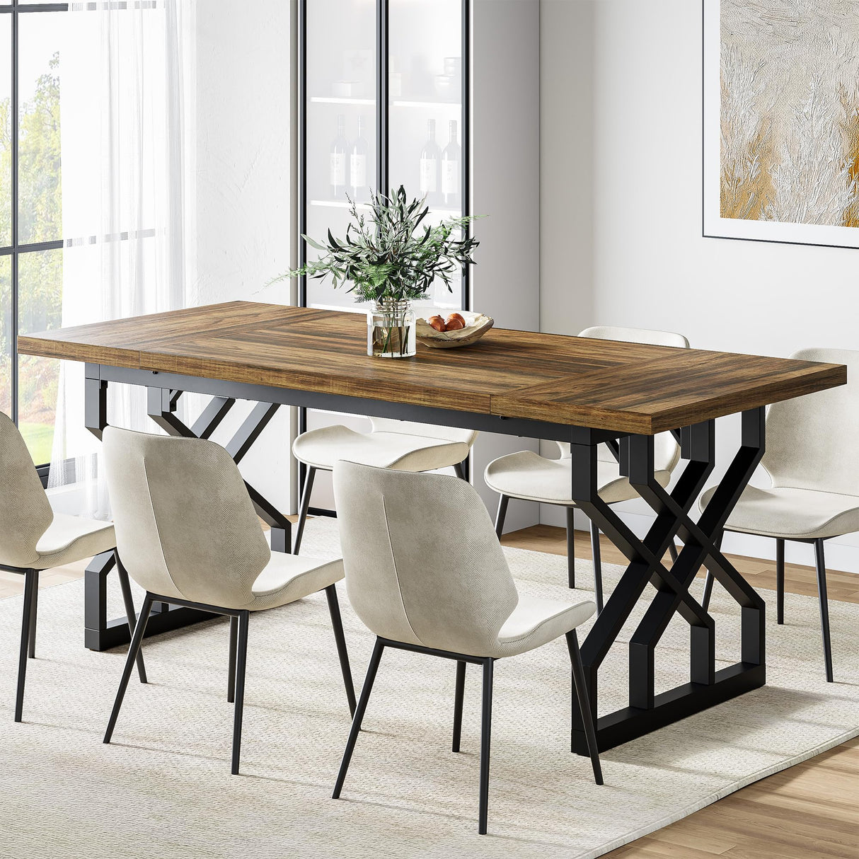 Farmhouse Dining Table for 6 People, 70.87-inch Rectangular Wood Dinner Table