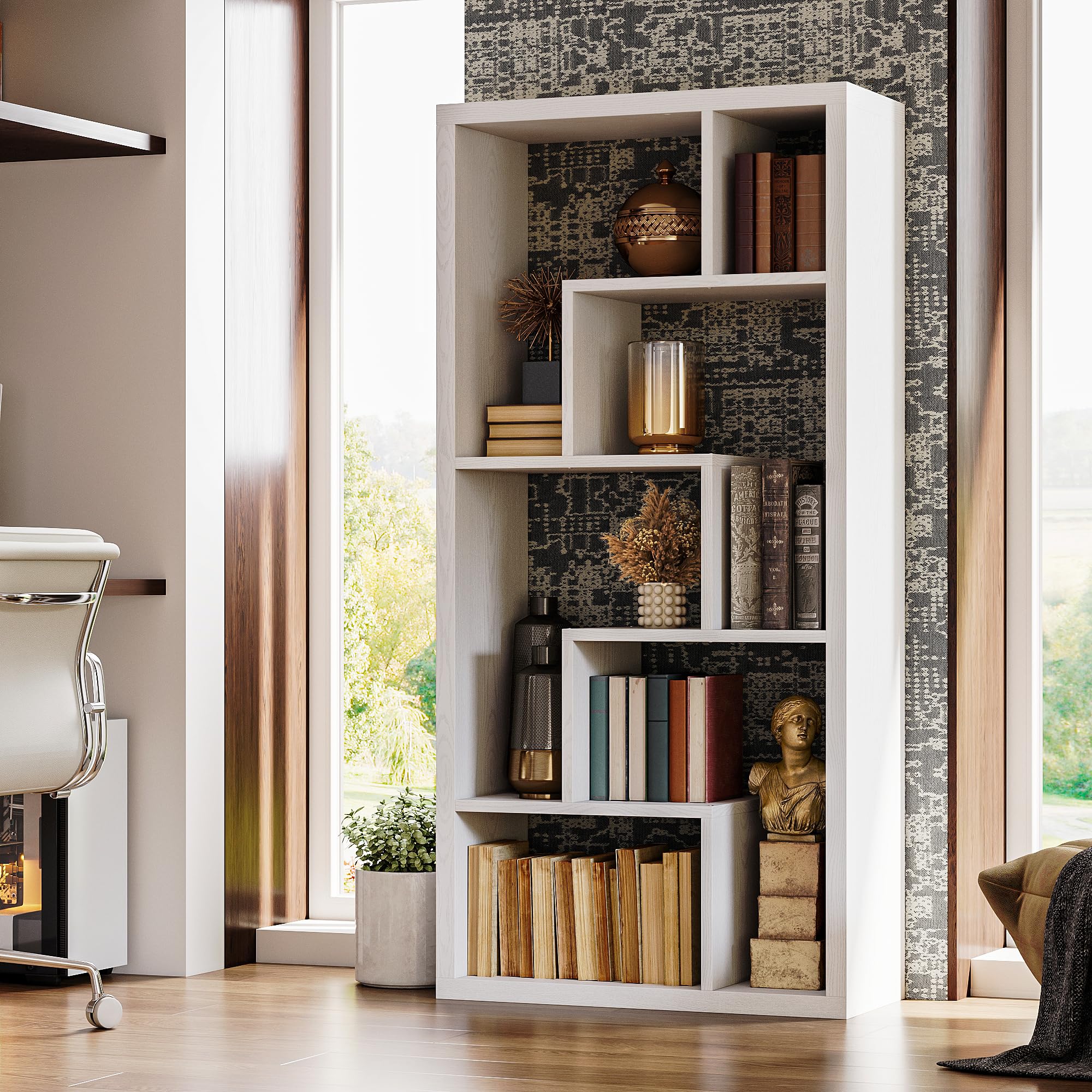 IRONCK Geometric Bookcase 6-Shelf Industrial Bookshelf White Etagere Bookcase Tall Storage Display Bookshelf with Thicken Shelf for Living Room Home Office