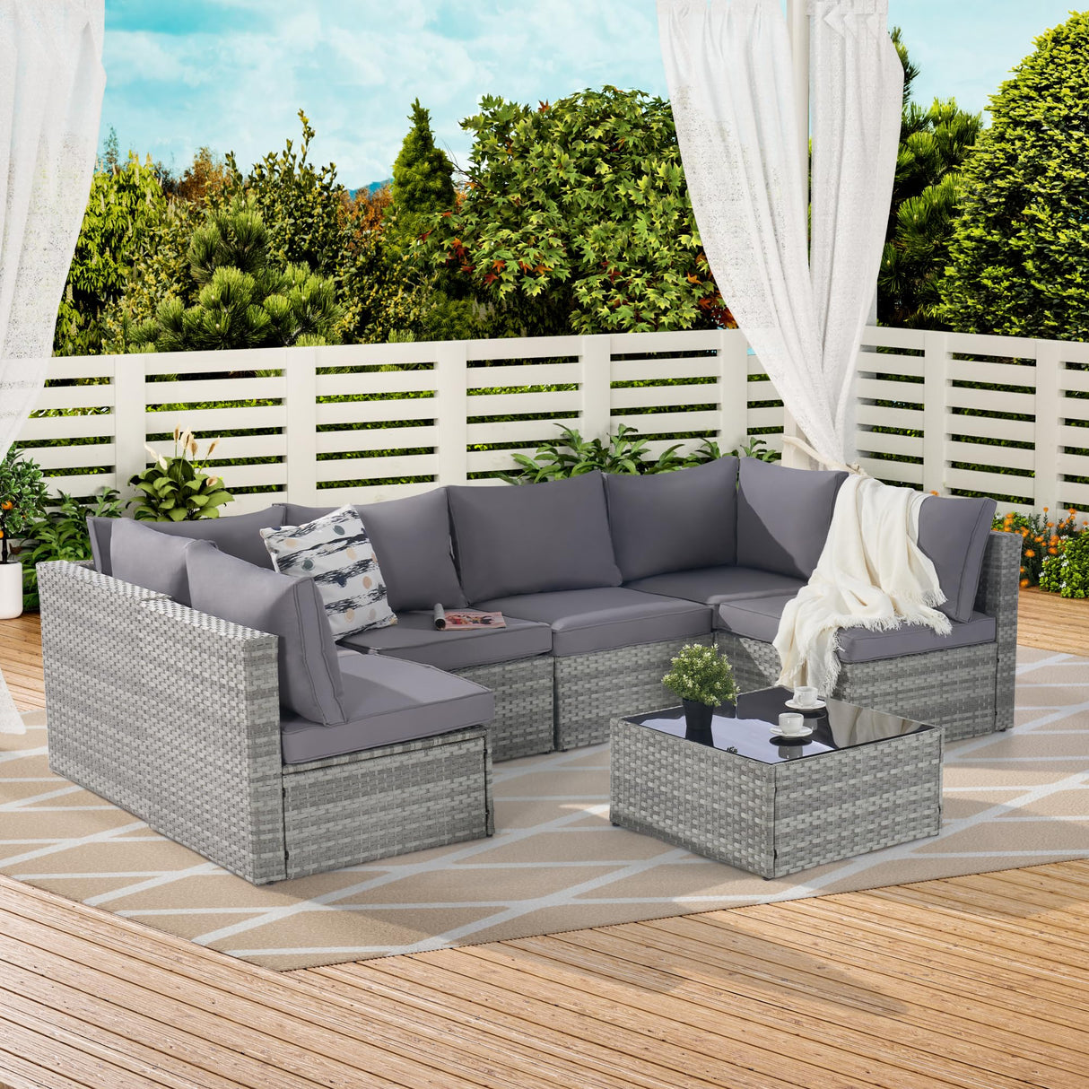 Outdoor Rattan Patio Furniture Set, 7 Pieces Furniture Sofa and Table Set