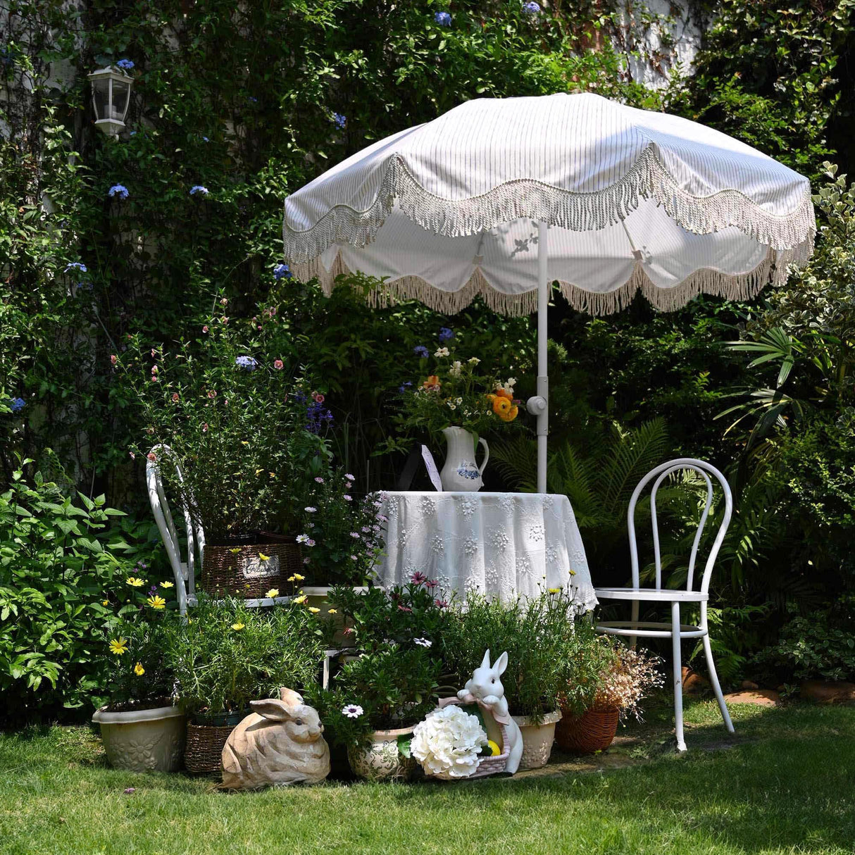 Ocean 6Ft Fringe Patio Umbrella 8 Ribs Outdoor Beach Tassel Umbrella with Push Button