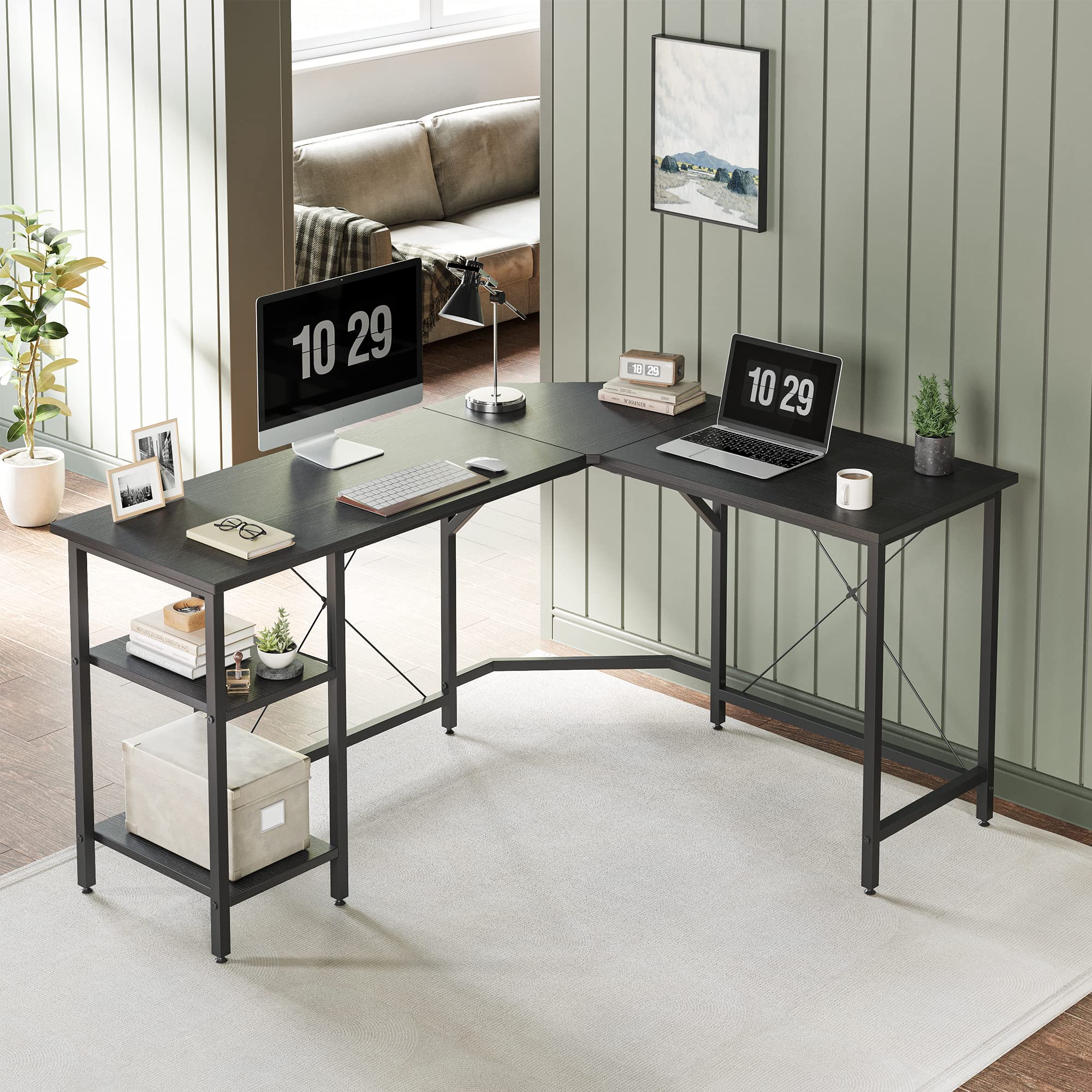 L Shaped Computer Desk, 59" Reversible Corner Desk with Storage Shelves, Home Office Desk for Writing Gaming Study, Black