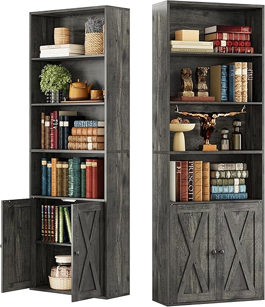 Industrial Bookshelves and Bookcases with Doors Set of 2 Floor Standing 6 Shelf