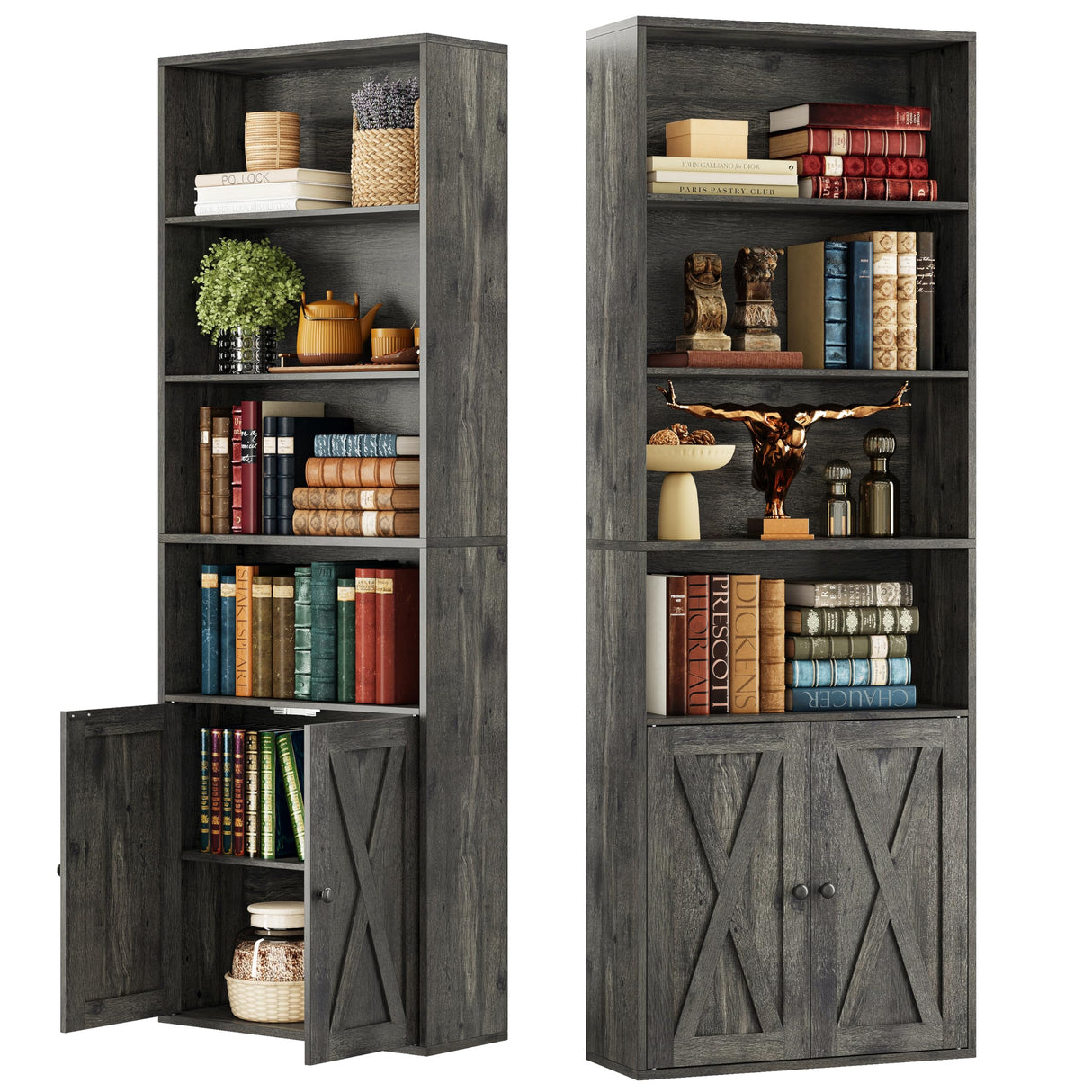 Industrial Bookshelves and Bookcases with Doors Set of 2 Floor Standing 6 Shelf Display