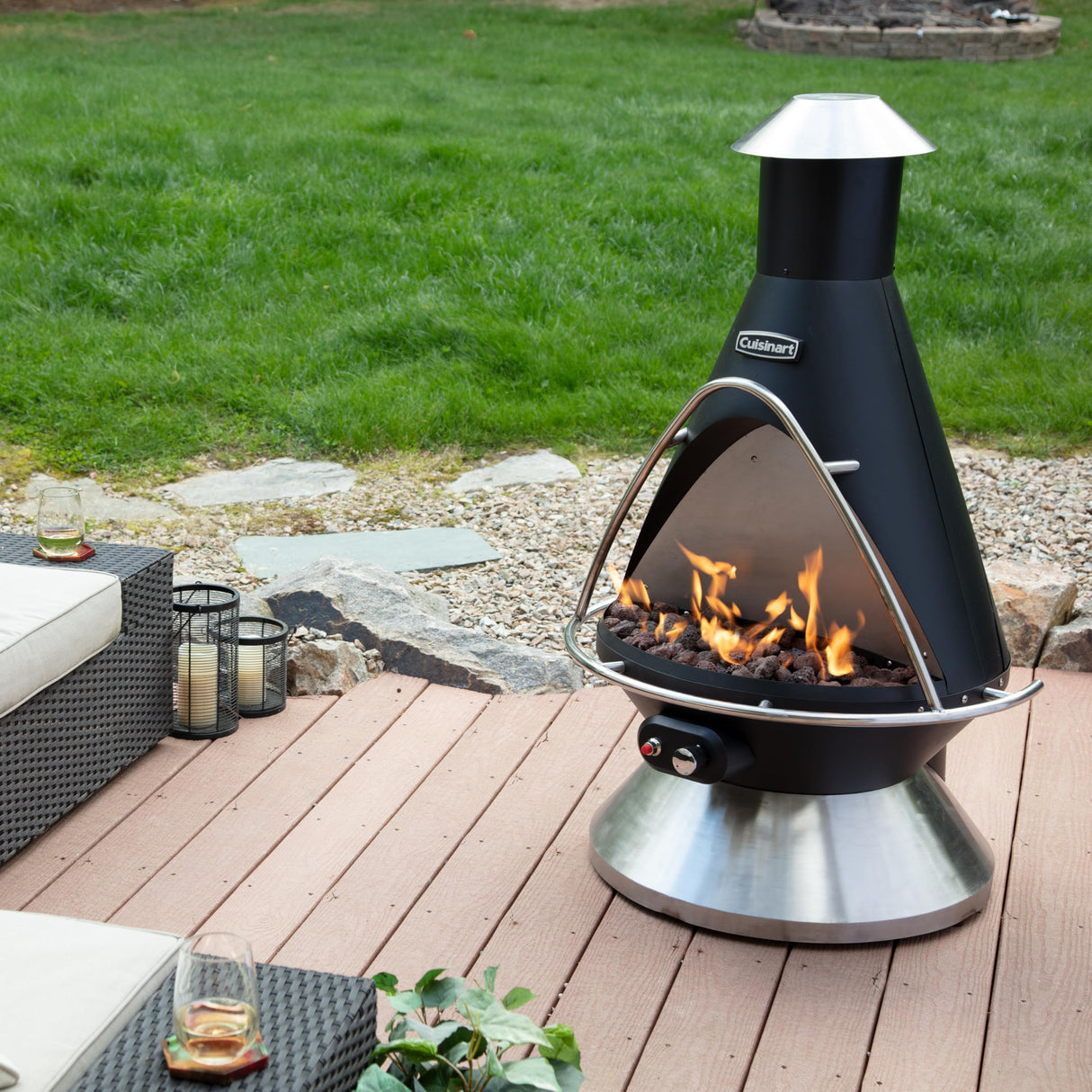 Cuisinart Chimenea Propane Fire Pit, 40,000 BTU Coated Steel Outdoor Propane Heater with Lava Rocks and Directional Heat, Adjustable Fire Pit with Safety Shutoff for Patios and More - Bircata