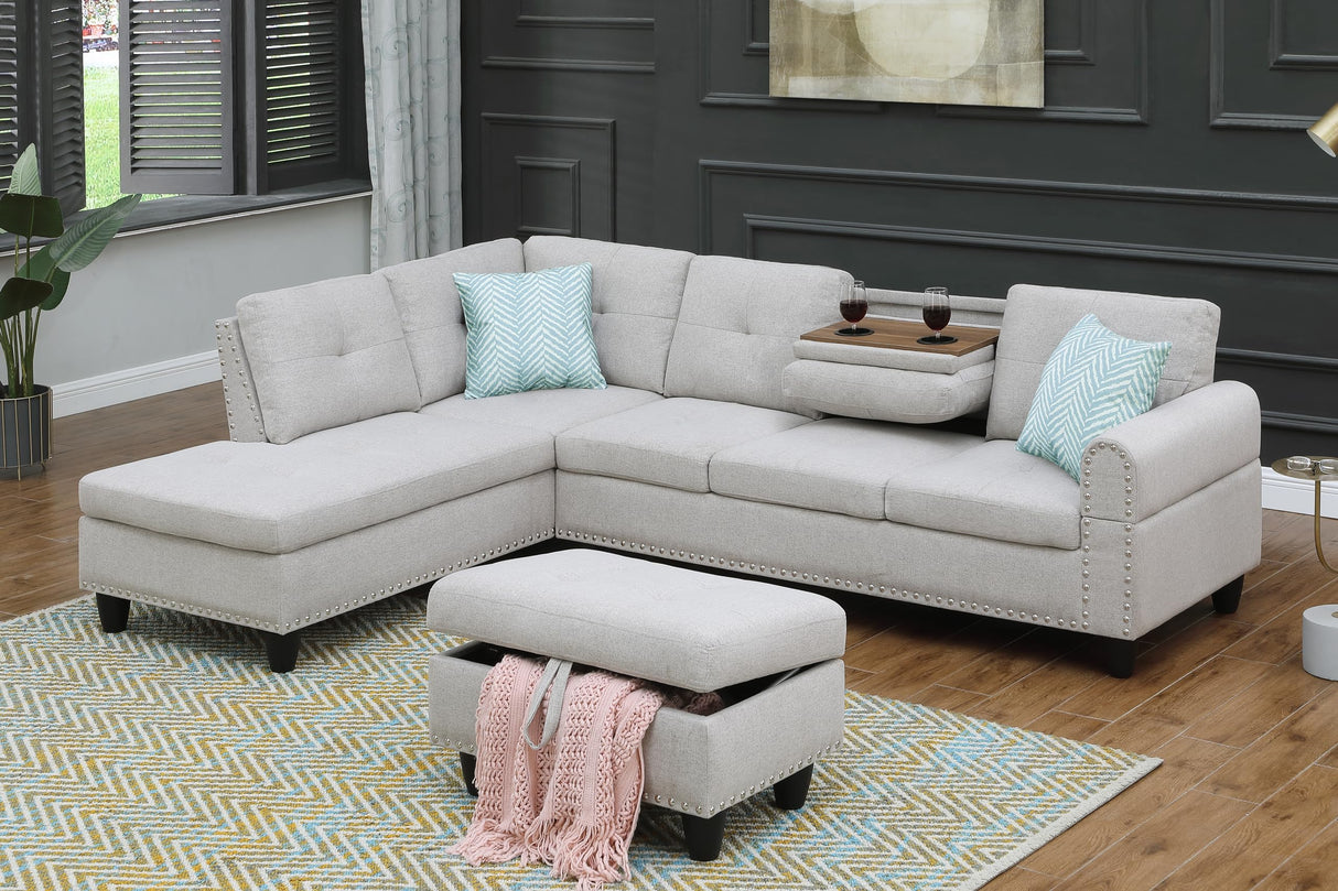 Shaped Sectional Couch with Storage Ottoman and 2 Cup Holders