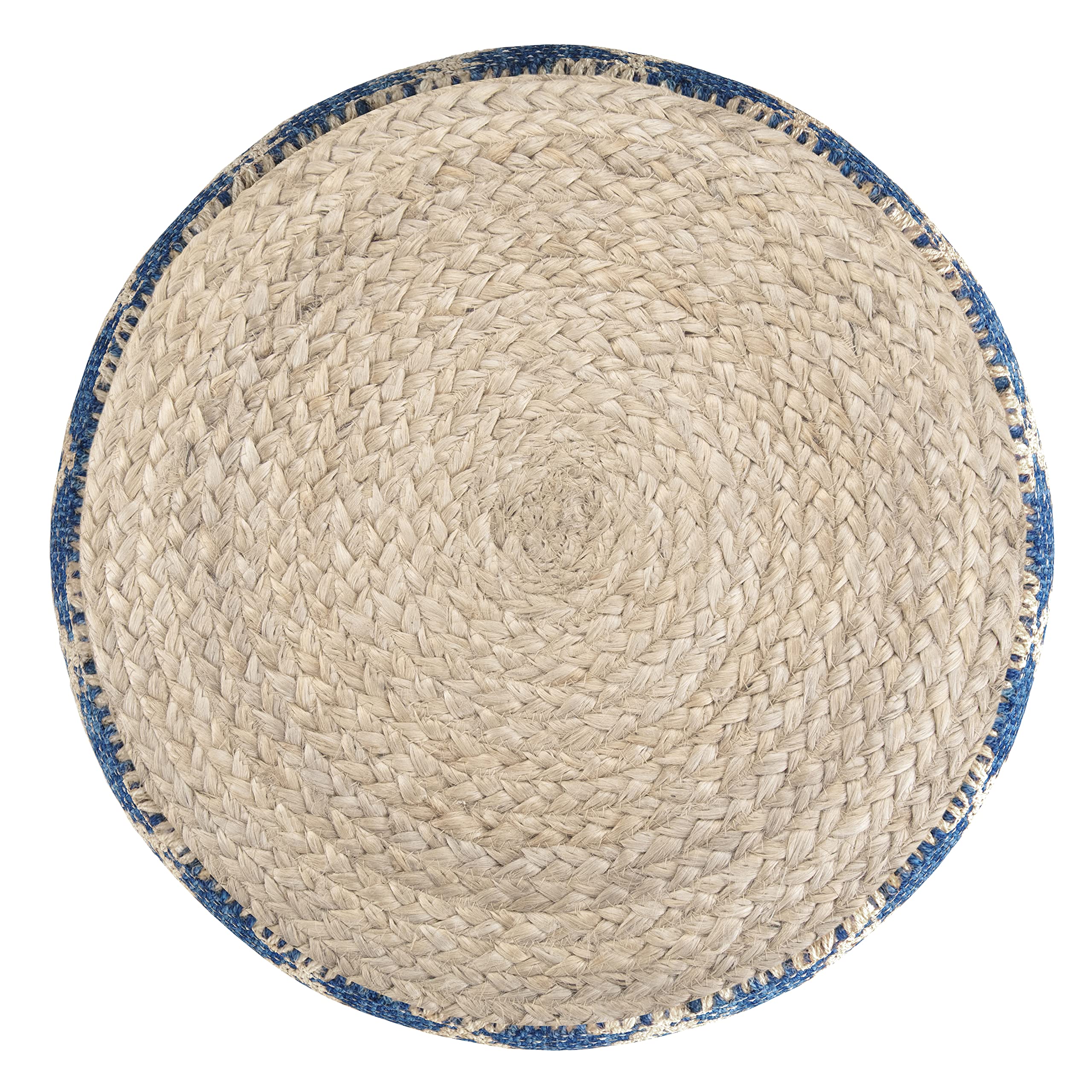 Edgeley Boho Round Pouf in Classic Blue, Natural Woven Braided Jute for the Living Room, Bedroom and Kids Room