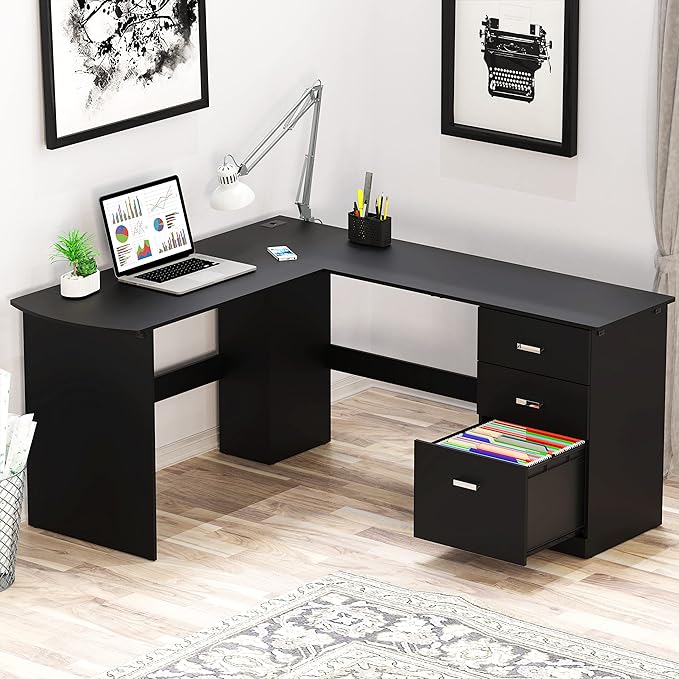 Shaped Home Office Wood Corner Desk with 3 Drawers, Maple