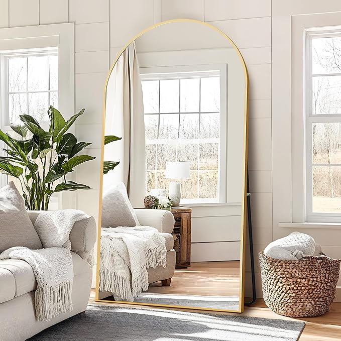 Arched Full Length Mirror with Stand, Gold Mirror