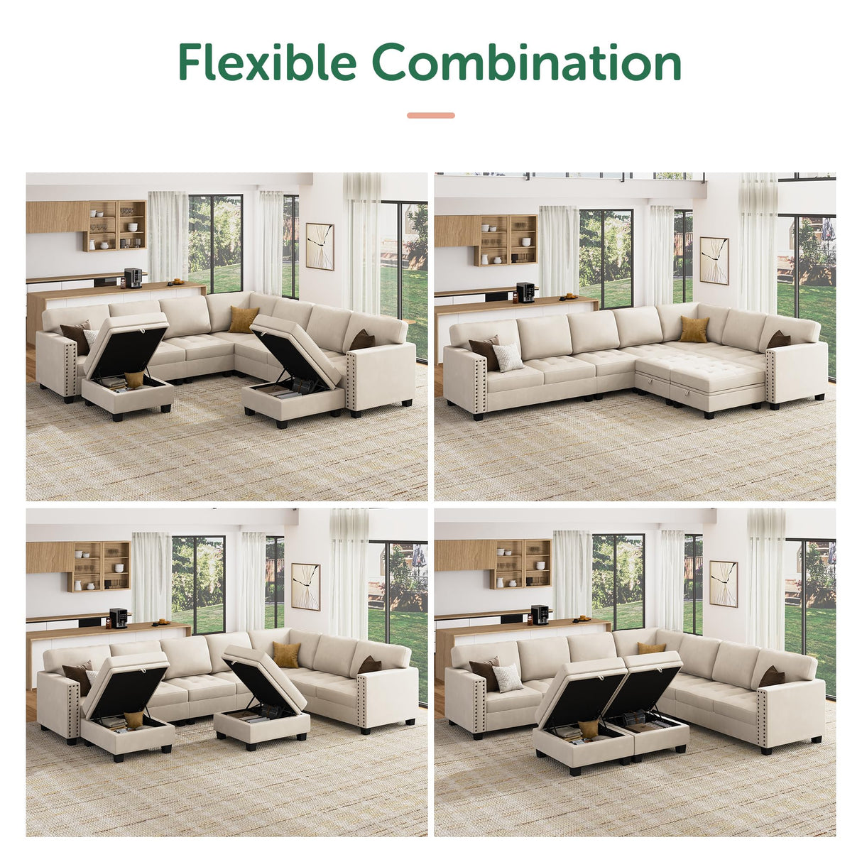 HONBAY Velvet Convertible Sectional Couch, U Shaped Sectional Sofa with Chaise Modular Sectional with Storage Ottoman Corner Couch for Living Room, Beige