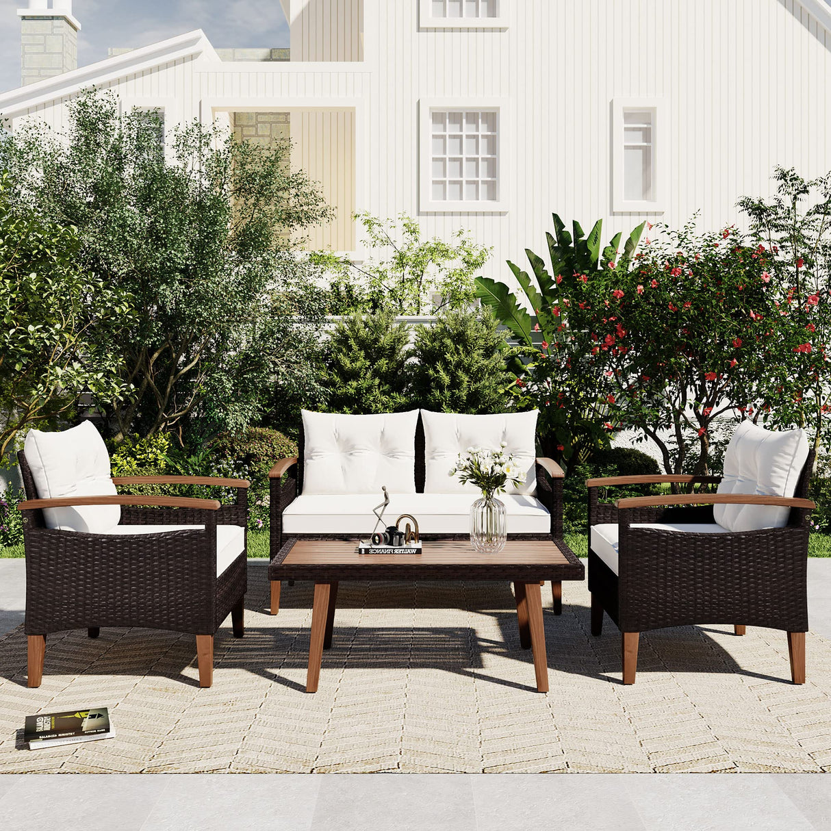 4-Piece Patio Conversation Sofa Set - Patio Furniture Set Wicker Rattan Sofa Couch