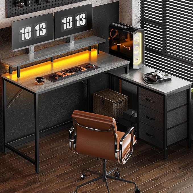 Reversible L Shaped Computer Desk with Drawers, Gaming Desk with LED Lights and Power Outlets, Office Desk with Storage Shelves, for Home & Office, Black
