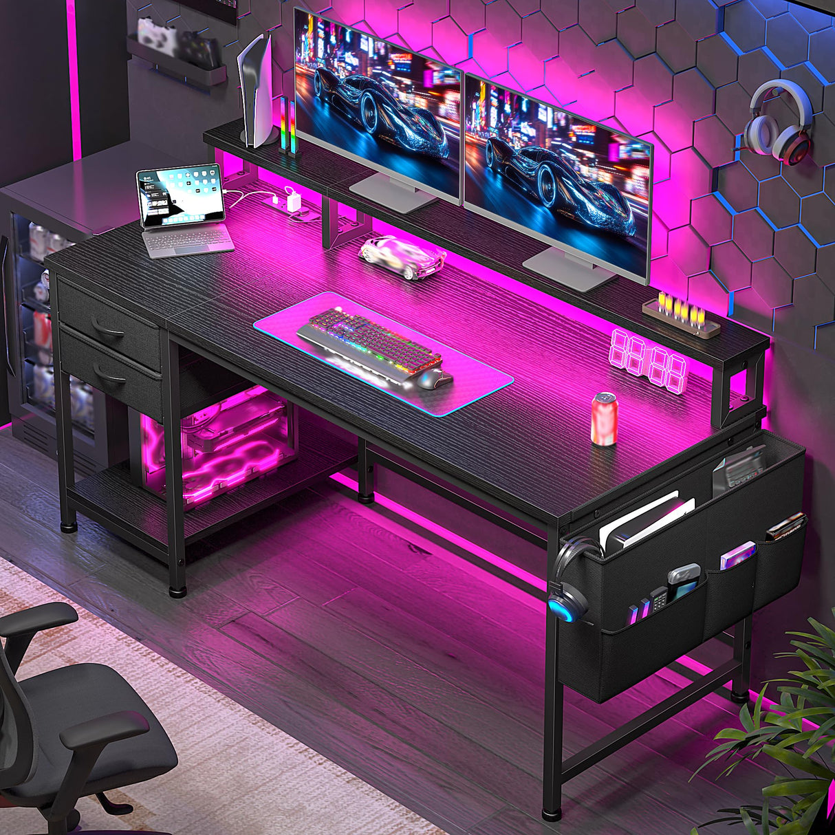 48" Computer Desk with LED Strip, Gaming Desk with Drawers & Storage Bag