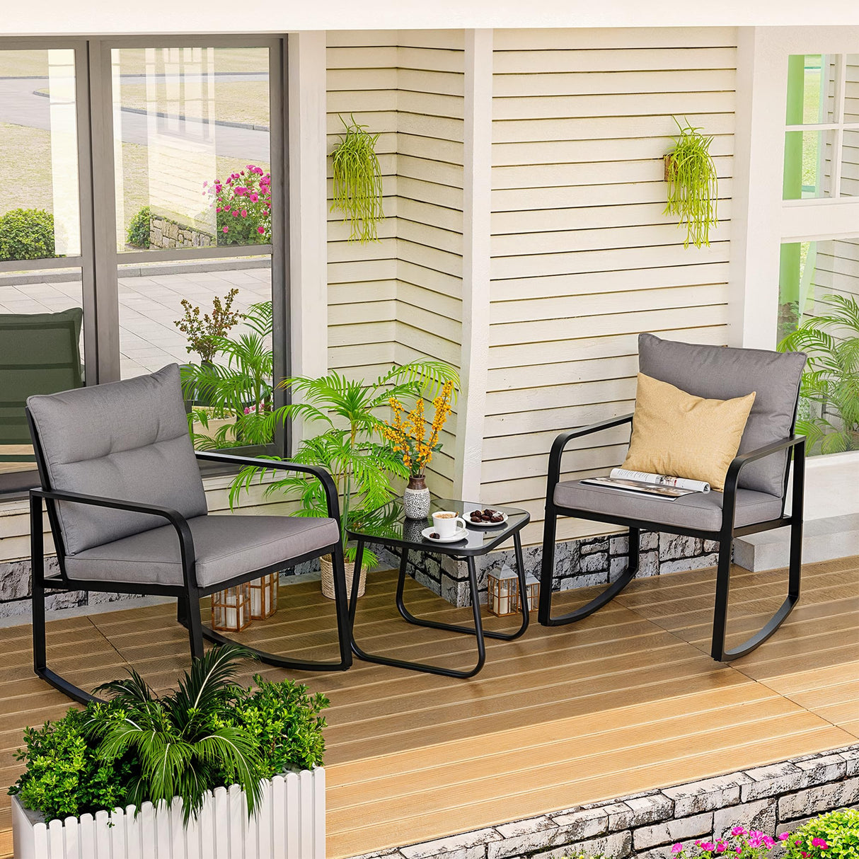 3 Piece Outdoor Rocking Bistro Set, Black Steel Furniture