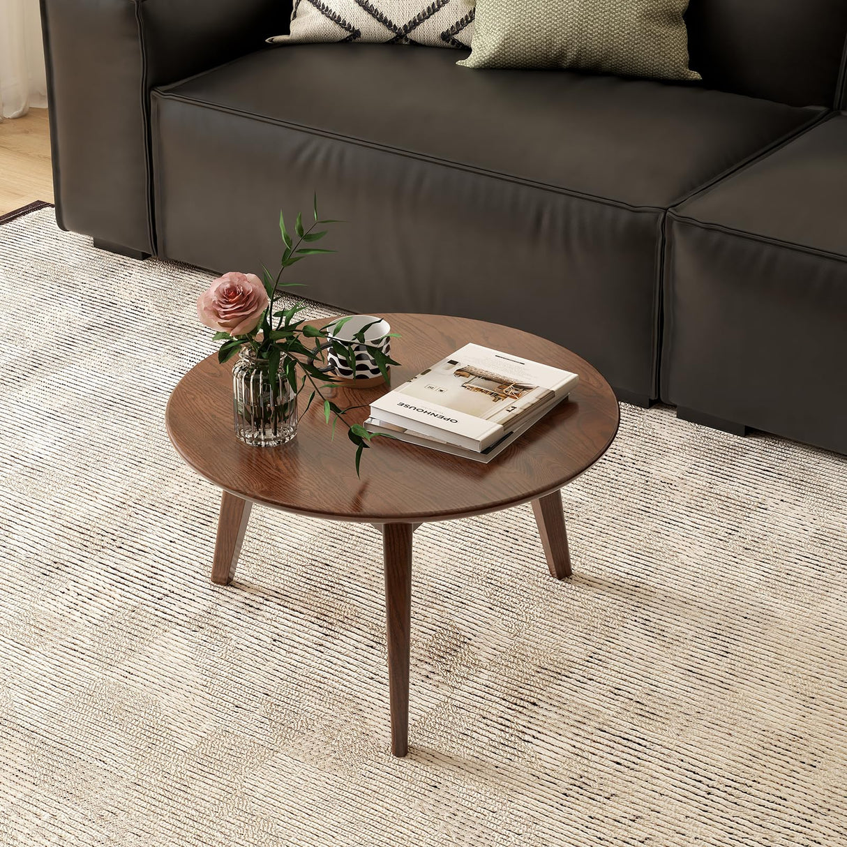 100% Solid Oak Wood Mini Coffee Table, Round Cofffe Table Side Table w/Solid Wood Legs, Walnut Mid Century Coffee Table Sturdy