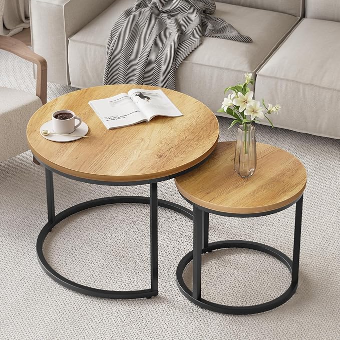 Nesting Coffee Table Set of 2, 27.6" Round Coffee Table Wood Grain Top with Adjustable Non-Slip Feet, Industrial End Table Side Tables for Living Room Bedroom Balcony Yard
