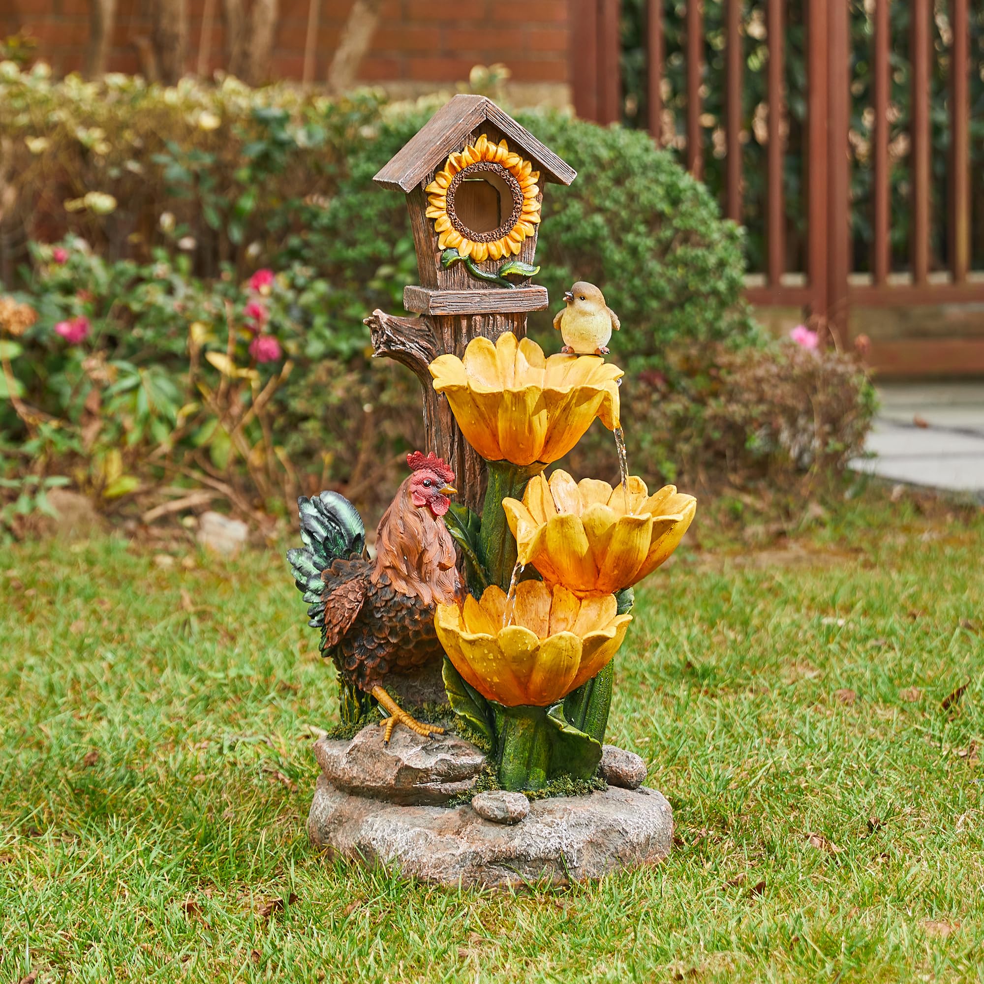 Farmhouse Sunflowers and Birdhouse Fountain Polyresin Outdoor Decoration