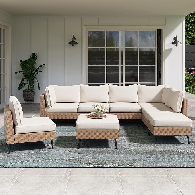 8 Piece Outdoor Sectional Sofa PE Rattan Patio Conversation Sets, All Weather Patio Furniture Set