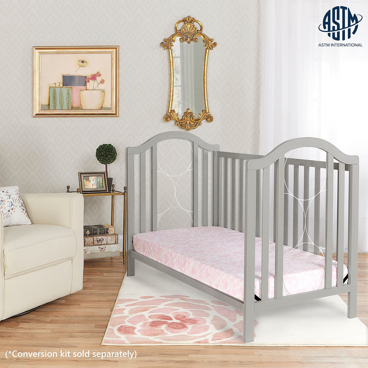 On Me Pacific Acrylic Convertible Crib In Cool Grey, Greenguard Gold Certified, Made Of Durable And Sustainable Pinewood, Three Mattress Height Settings