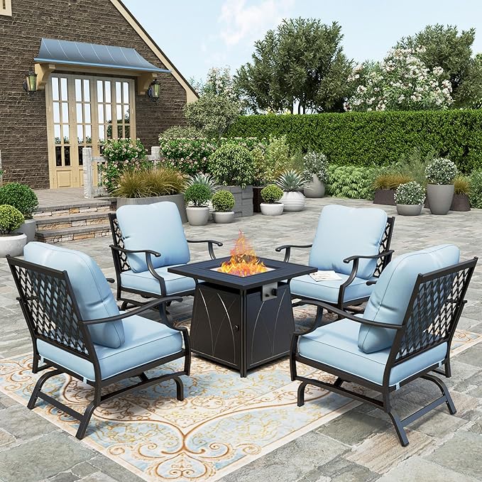 5 Pieces Fire Pit Patio Furniture Set, 4 x Thick Cushioned Swivel Chairs with 28" Fire Pit Table (50,000 BTU)
