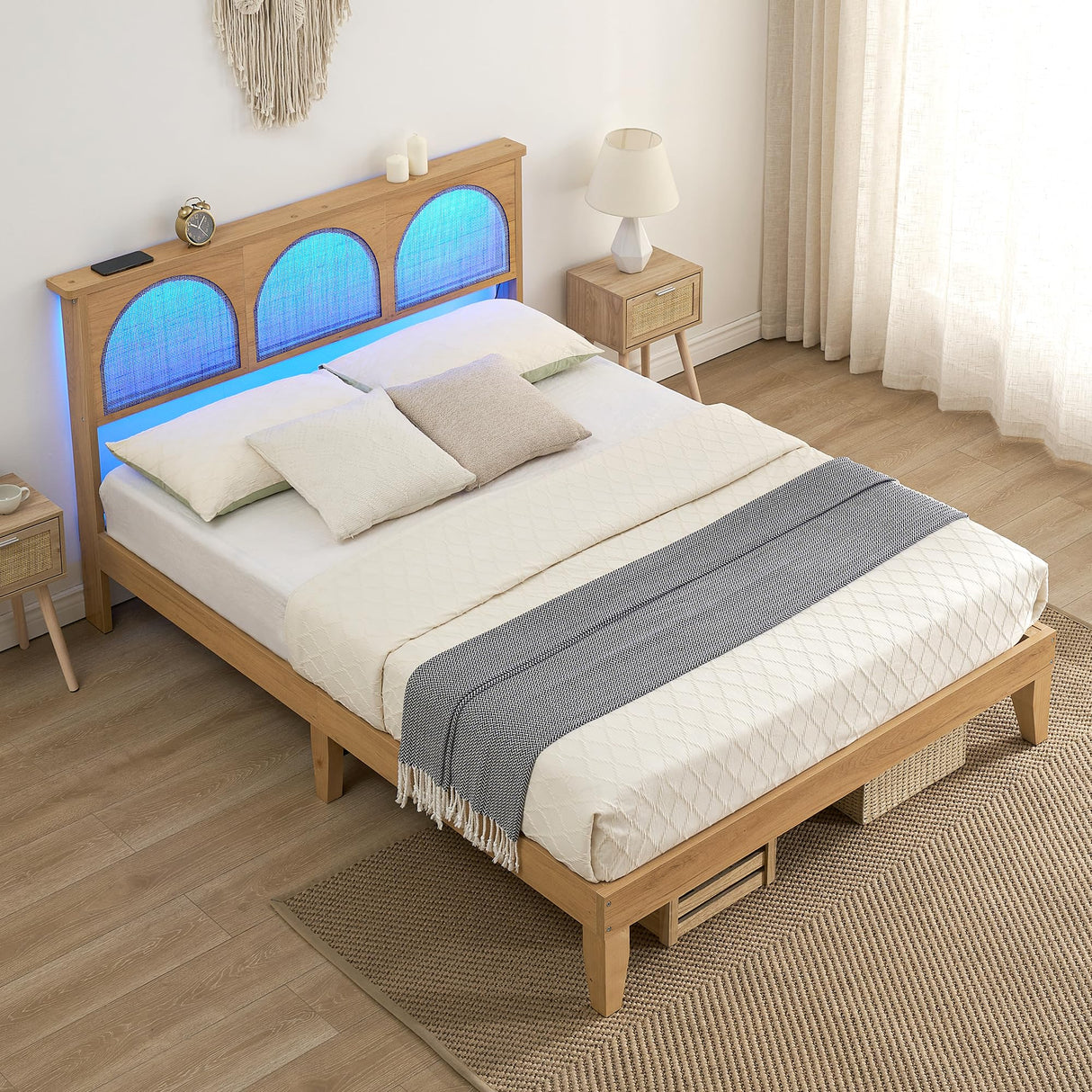 Queen Size Bed Frame with Rattan Headboard