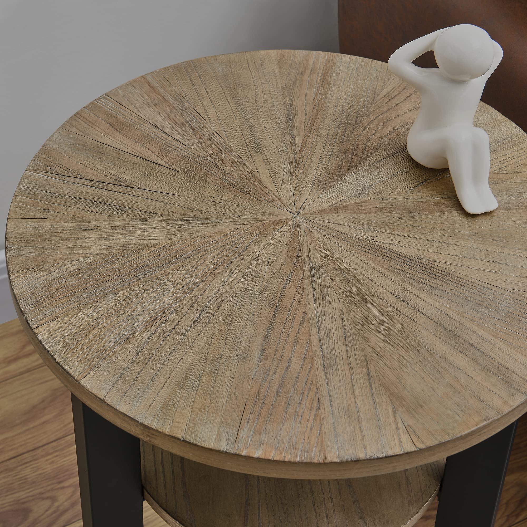 Round End Table with Storage, Solid Wood Sofa Side Table with Metal Frame