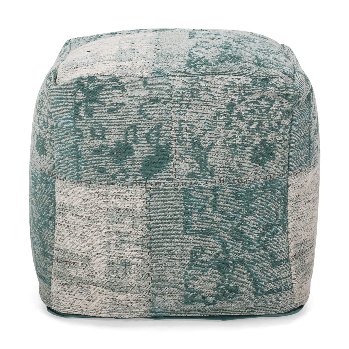Hannah Hand-Loomed Boho Fabric Cube Pouf, Teal, Beige