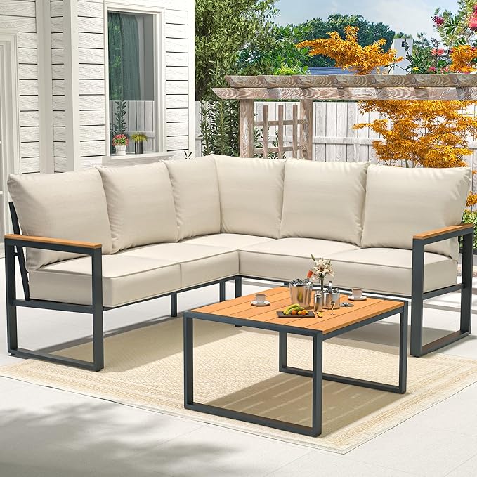 Metal Patio Furniture Set, 6 Pieces Outdoor Sectional Sofa Set with Side Table