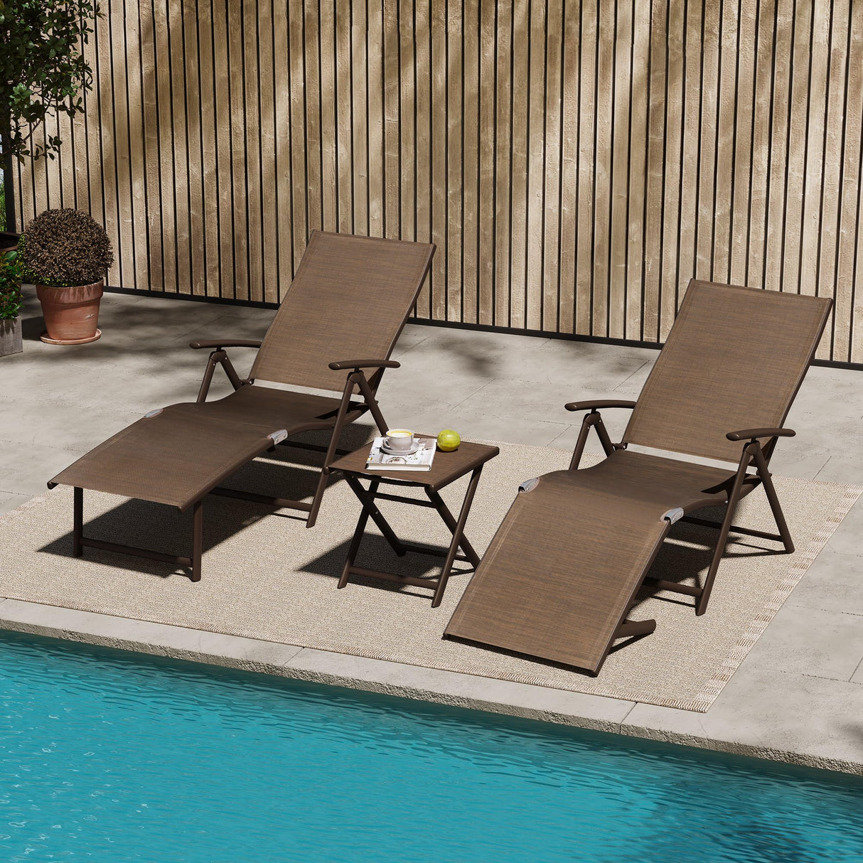 3PCS Outdoor Chaise Lounge & Table Set, Textiline Folding Chaise with Side Table,