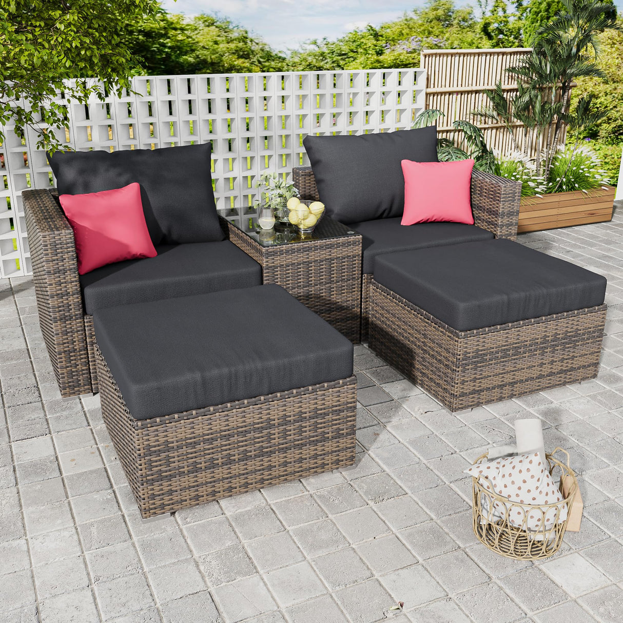 5 Pieces Outdoor Patio Sectional Furniture Set with Ottomans