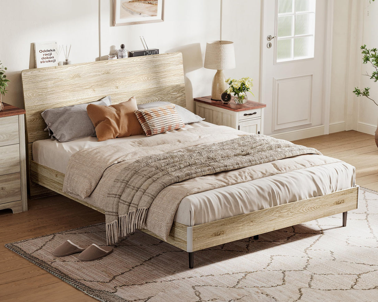 Queen Wood Platform Bed Frame with Ergonomic Headboard