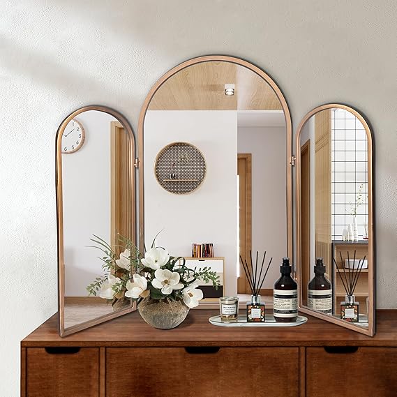 Trifold Vanity Mirror 3-Way Adjustable 30x37 Inch - Champagne Gold Arch Wall Mounted