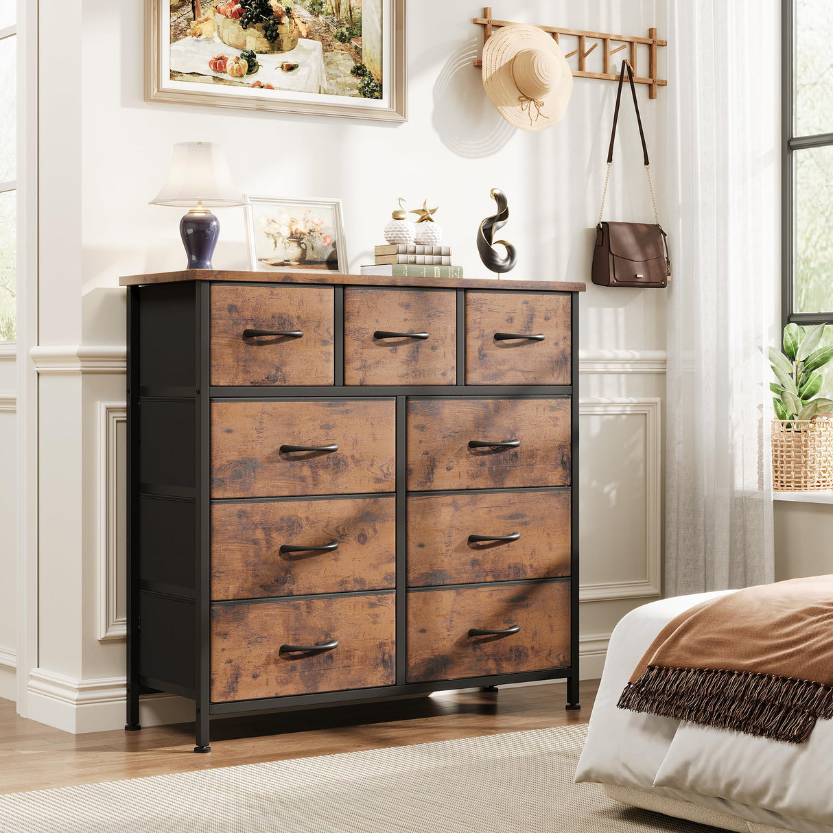 Fabric Dresser for Bedroom with 9 Drawers - Sturdy Steel Frame
