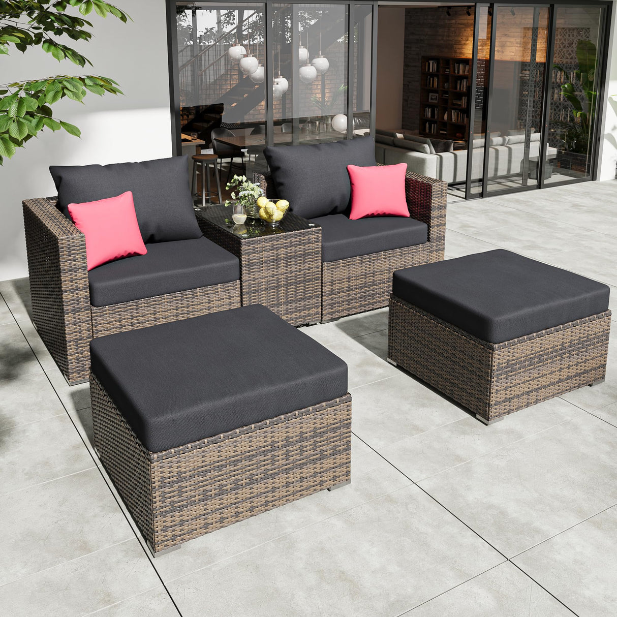5 Pieces Outdoor Patio Sectional Furniture Set with Ottomans