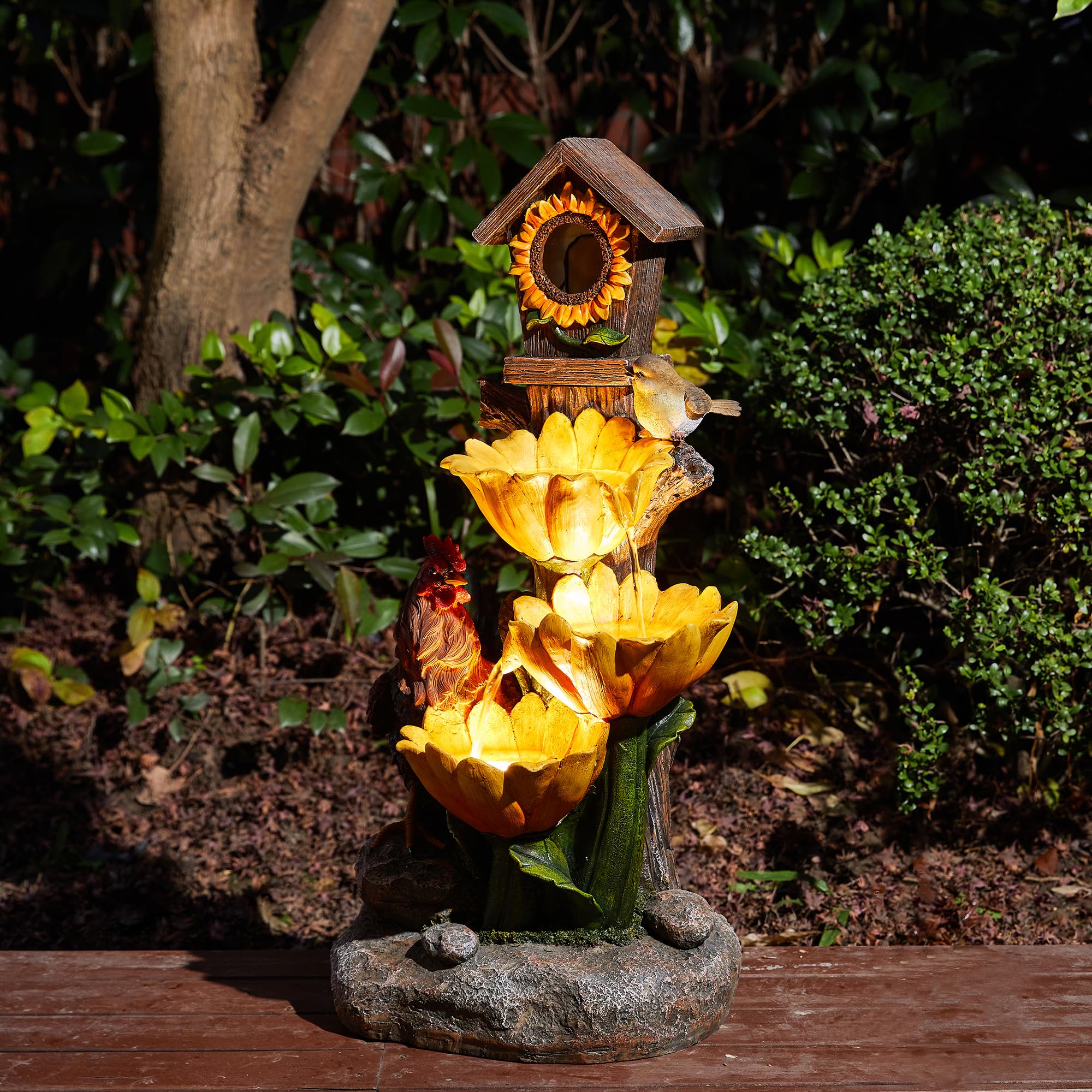 Farmhouse Sunflowers and Birdhouse Fountain Polyresin Outdoor Decoration