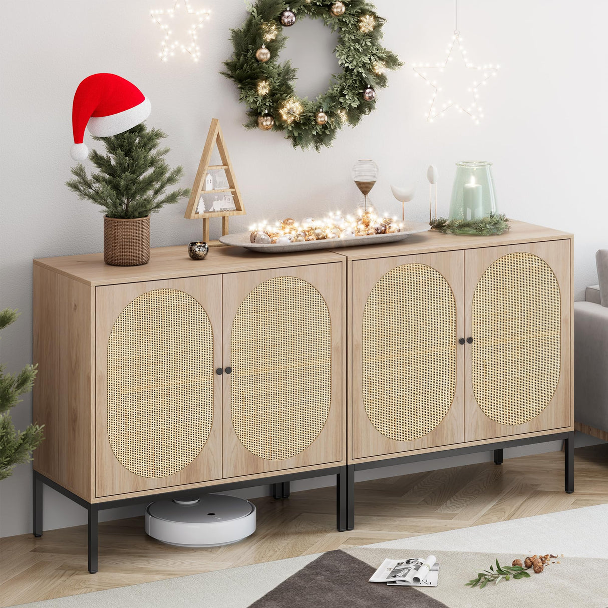 Cabinet with Natural Rattan Hand-Woven Doors, Rattan Cabinet Console Table Buffet Storage Accent Credenza, for Kitchen Living Room Hallway Entryway-2 Pieces,