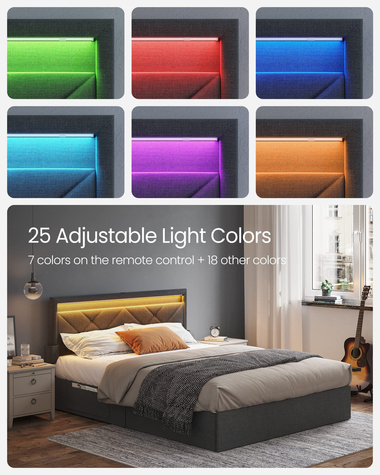 LED Bed Frame Queen Size with Headboard and 4 Drawers, 1 USB Port and 1 Type C Port,