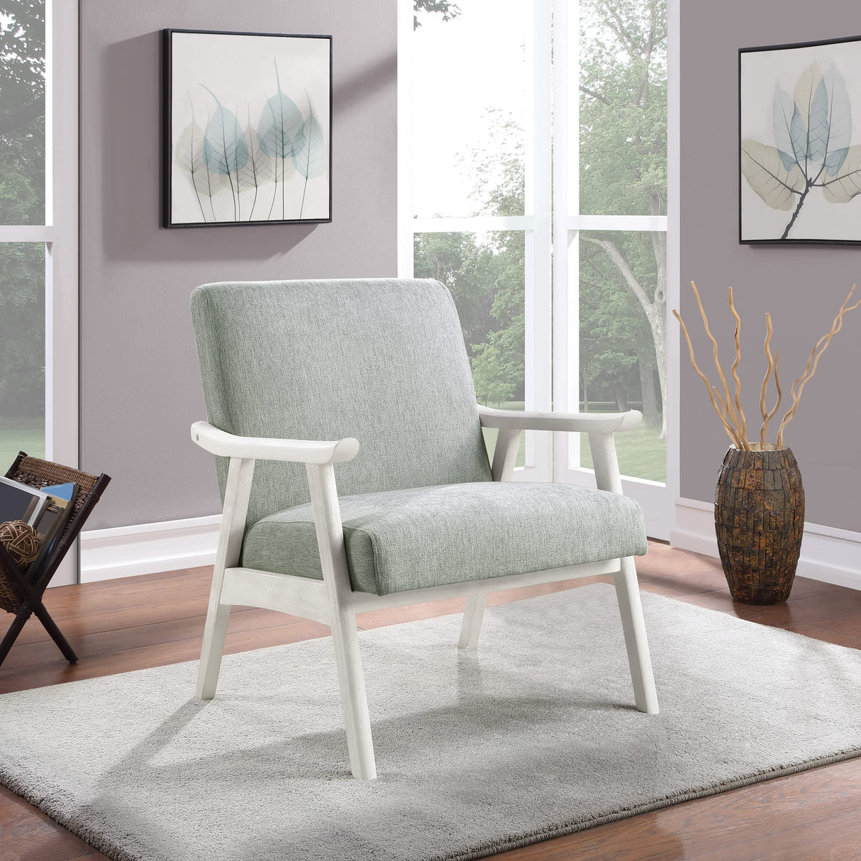 Home Furnishings Weldon Mid-Century Modern Armchair, Smoke Fabric with Antique White Finished Frame